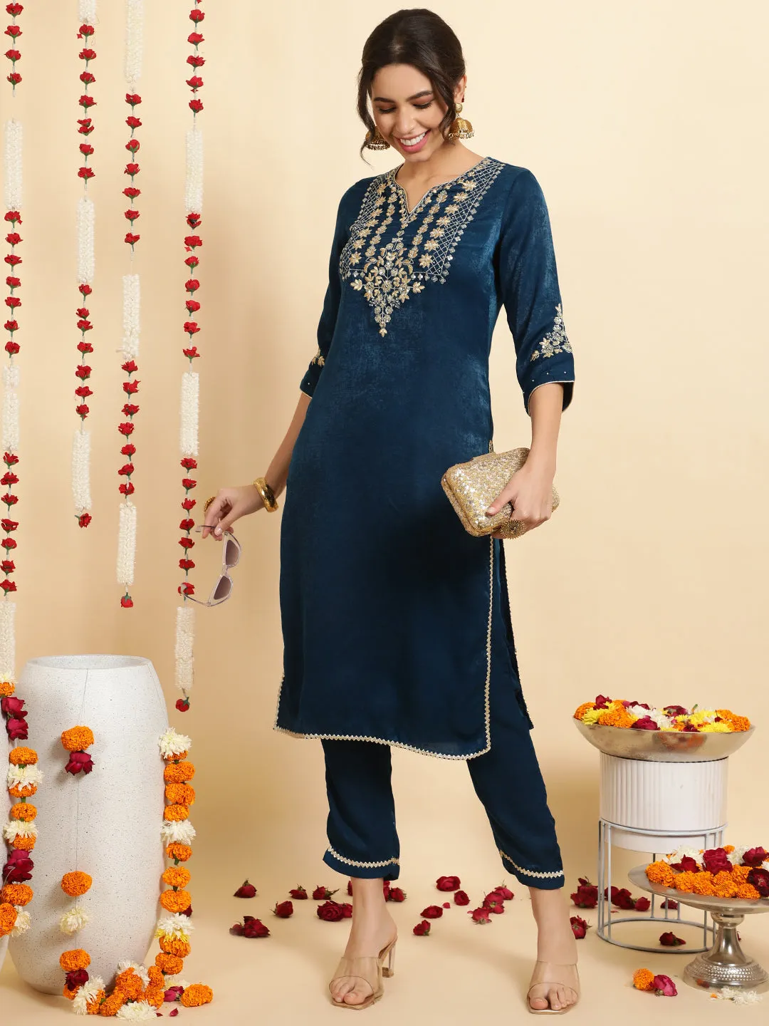 Teal Blue Embroidered Velvet Kurta With Pants