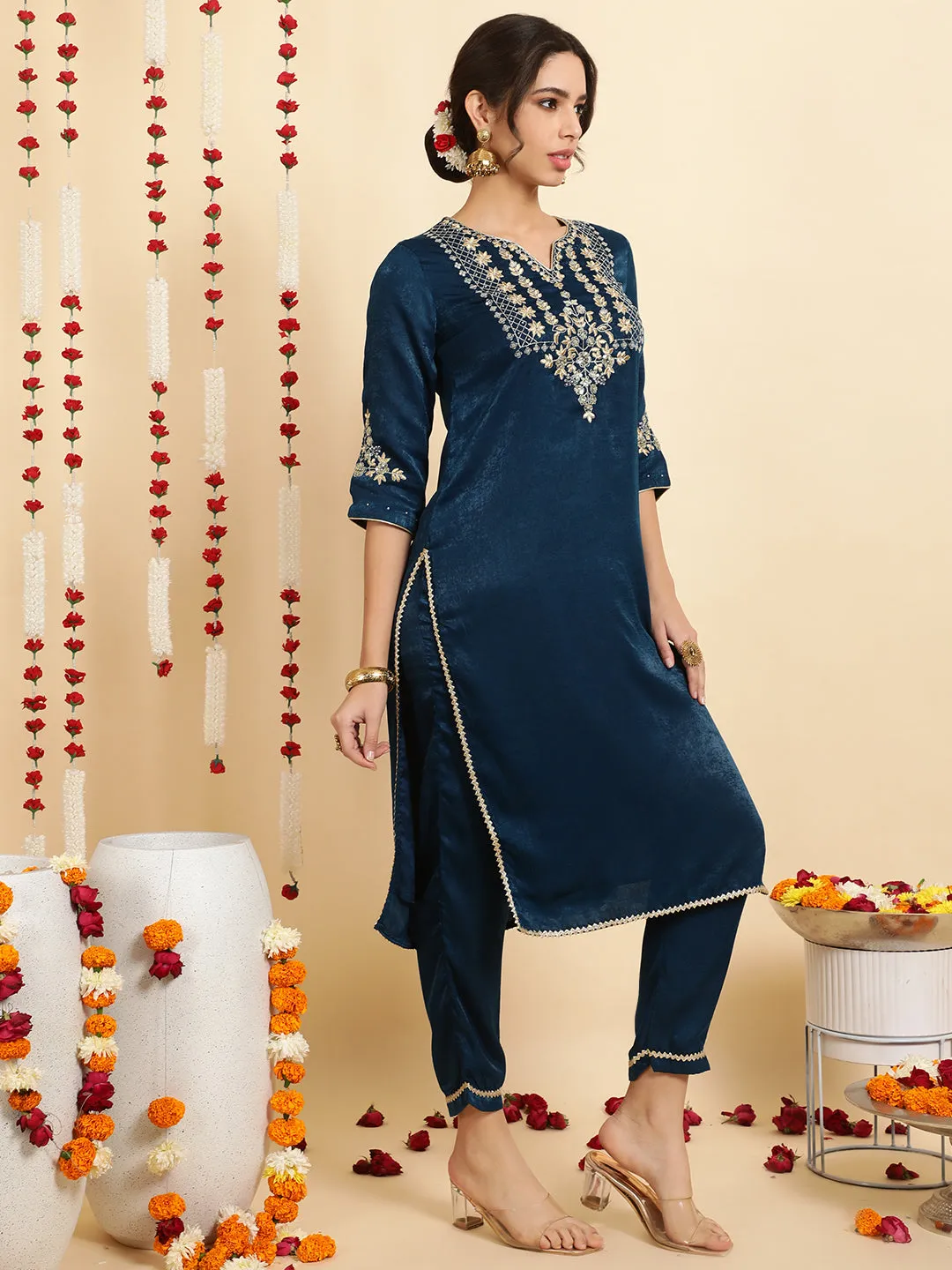 Teal Blue Embroidered Velvet Kurta With Pants