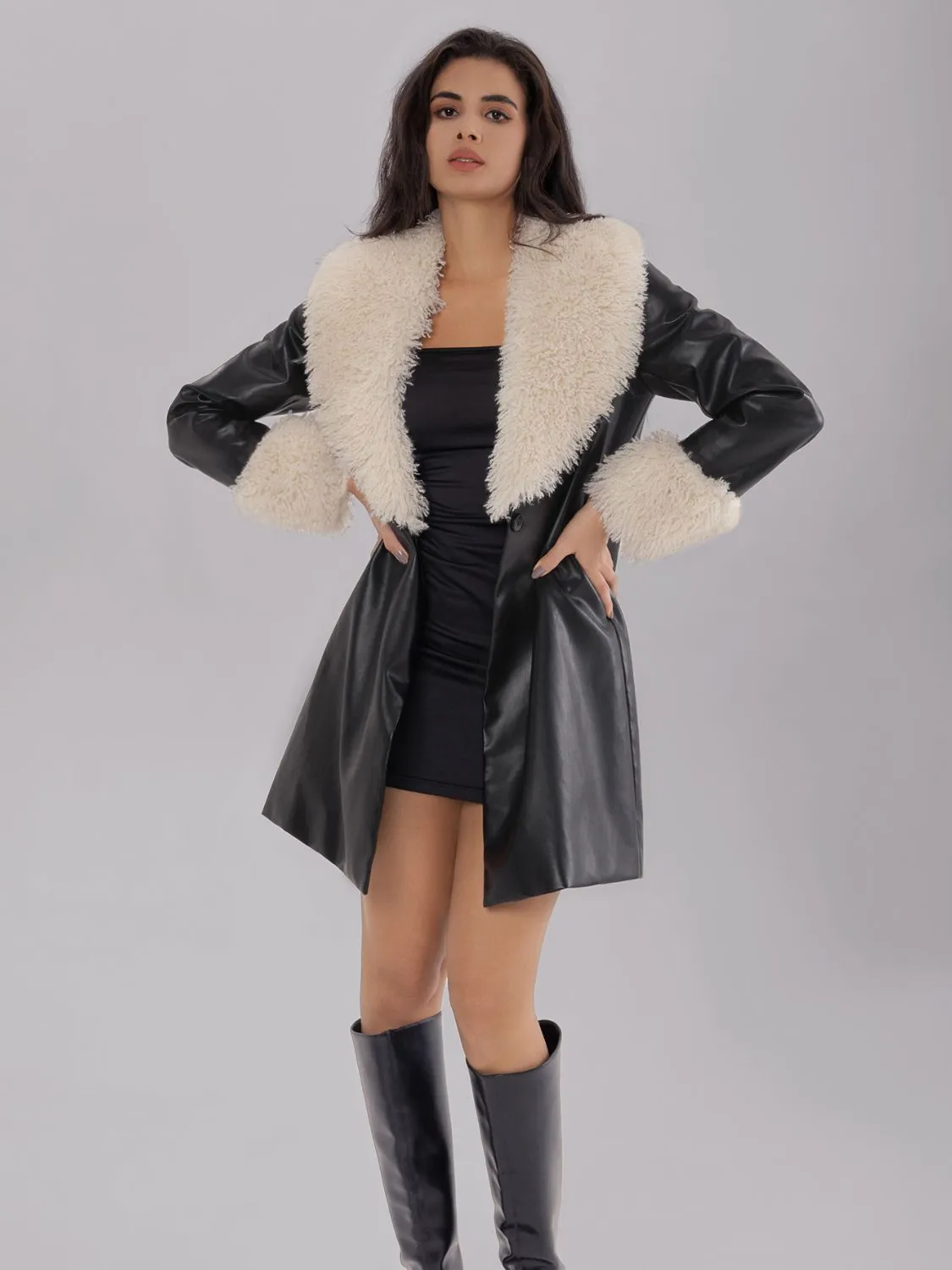 TEEK - Black Fuzzy Long Sleeve Longline Coat