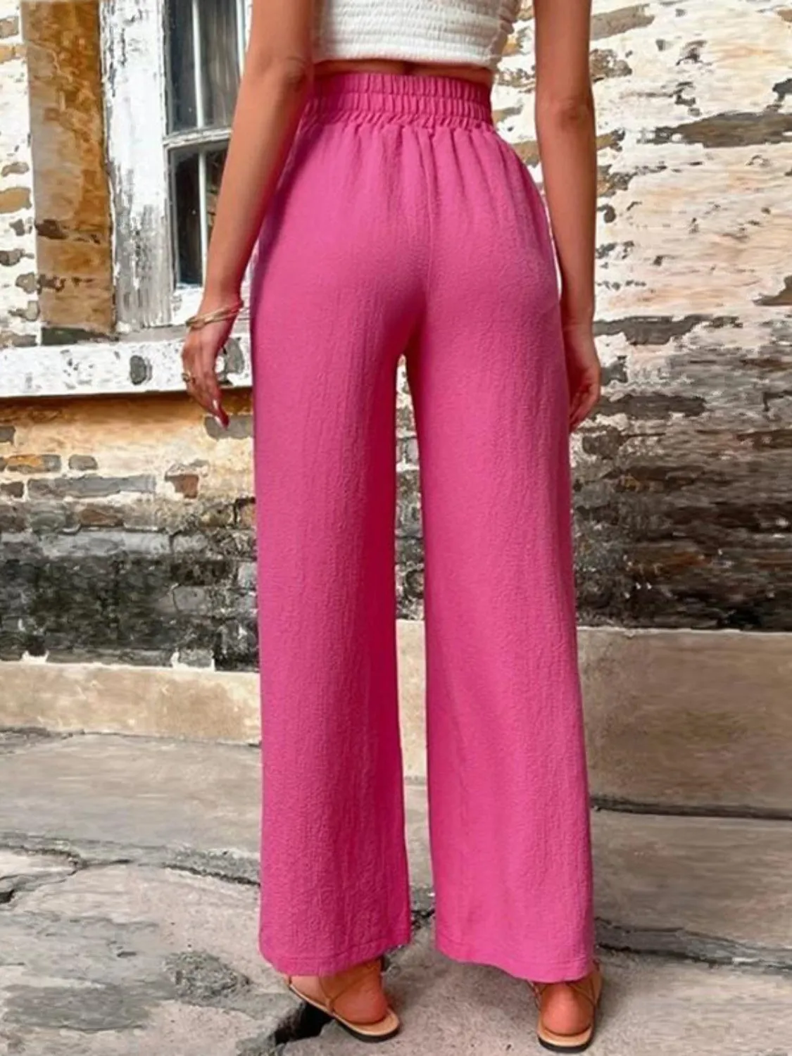 Tied High Waist Wide Leg Pants with Pockets