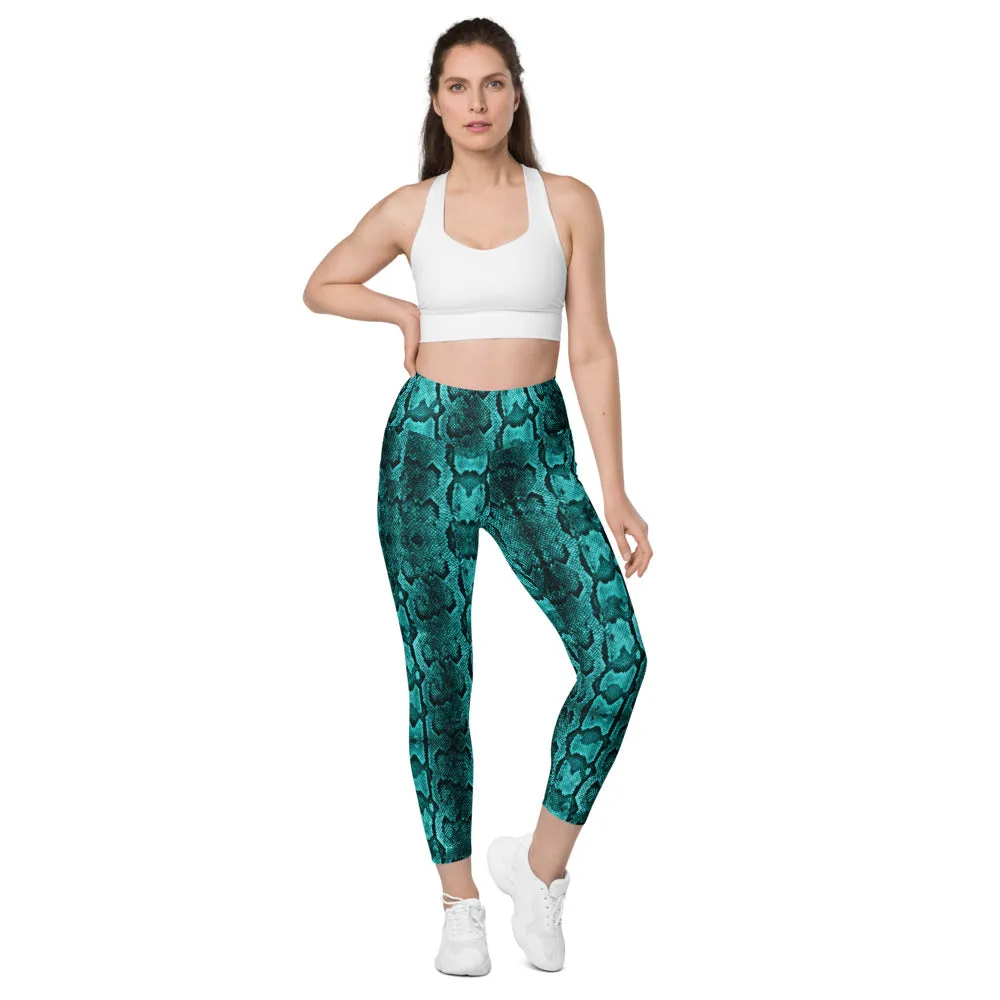 Turquoise Blue Snake Print Tights, Women's 7/8 Leggings With 2 Side Pockets - Made in USA/EU/MX