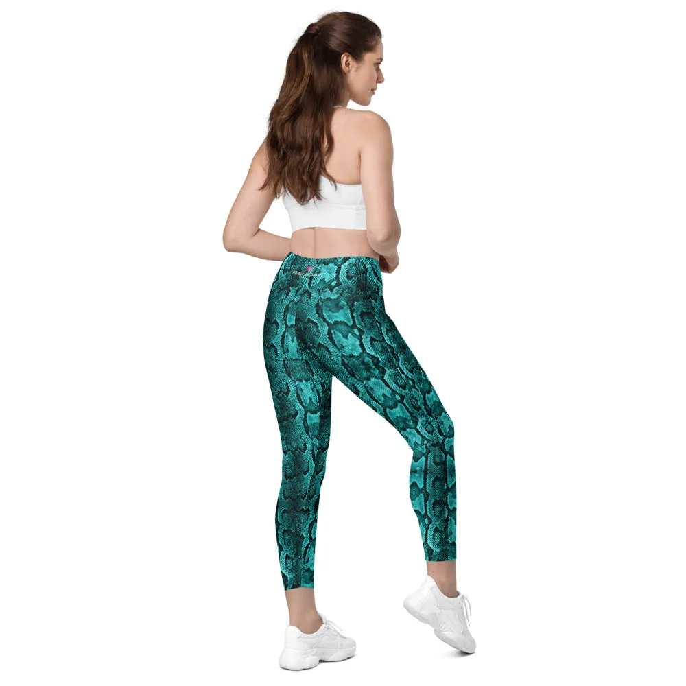 Turquoise Blue Snake Print Tights, Women's 7/8 Leggings With 2 Side Pockets - Made in USA/EU/MX