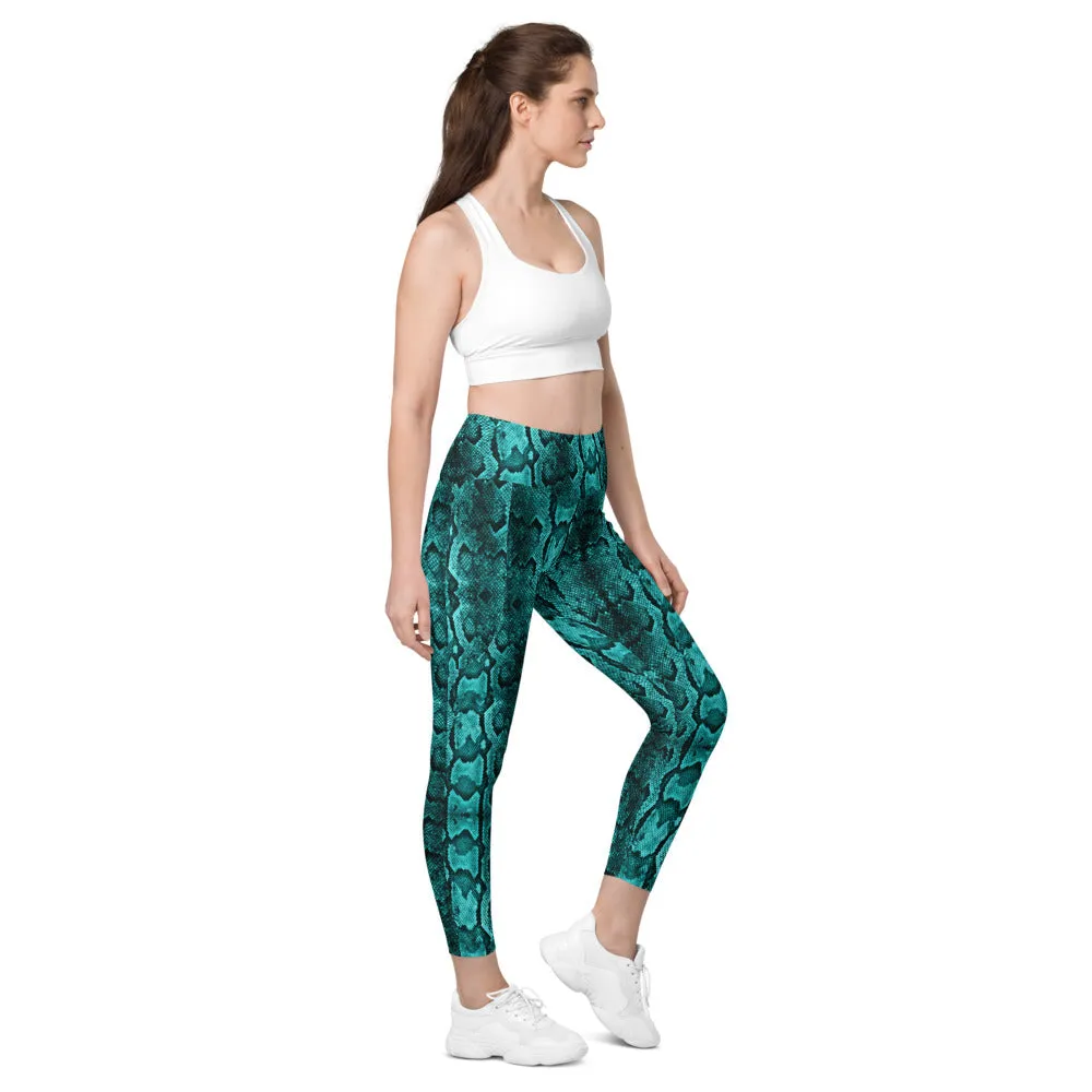 Turquoise Blue Snake Print Tights, Women's 7/8 Leggings With 2 Side Pockets - Made in USA/EU/MX