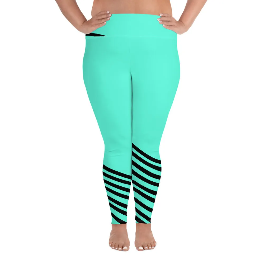 Turquoise Blue Striped Leggings, Black Diagonal Stripe Print Women's Plus Size Tights