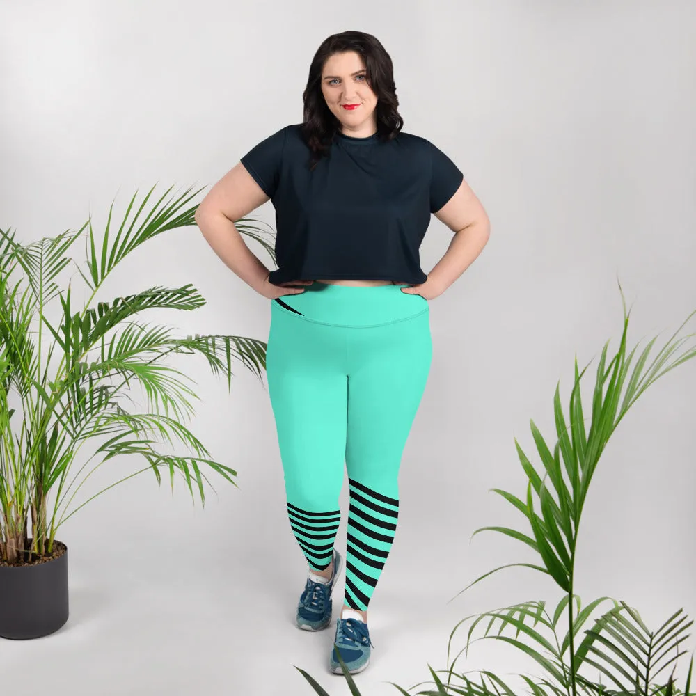 Turquoise Blue Striped Leggings, Black Diagonal Stripe Print Women's Plus Size Tights