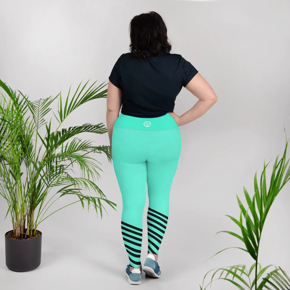 Turquoise Blue Striped Leggings, Black Diagonal Stripe Print Women's Plus Size Tights