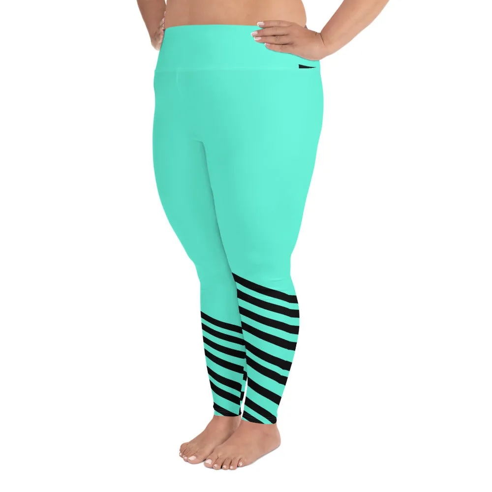 Turquoise Blue Striped Leggings, Black Diagonal Stripe Print Women's Plus Size Tights