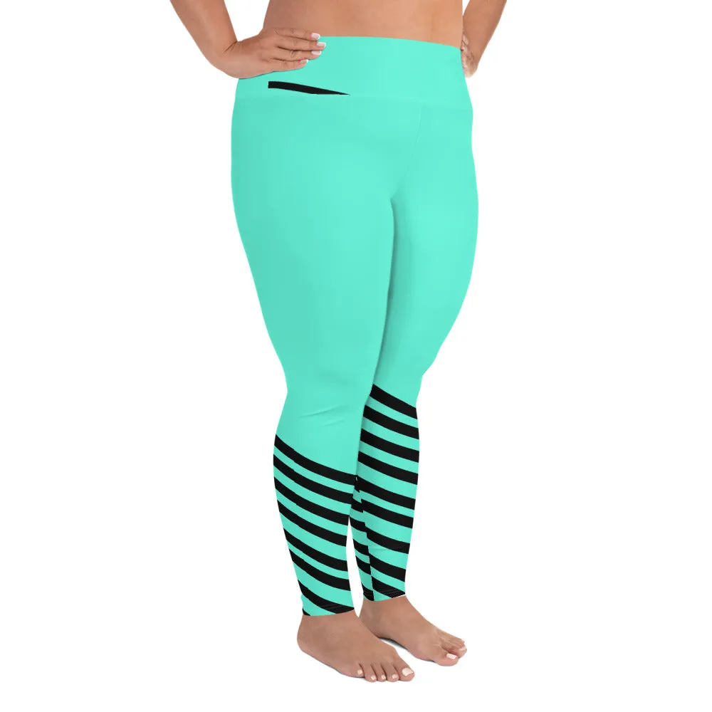 Turquoise Blue Striped Leggings, Black Diagonal Stripe Print Women's Plus Size Tights