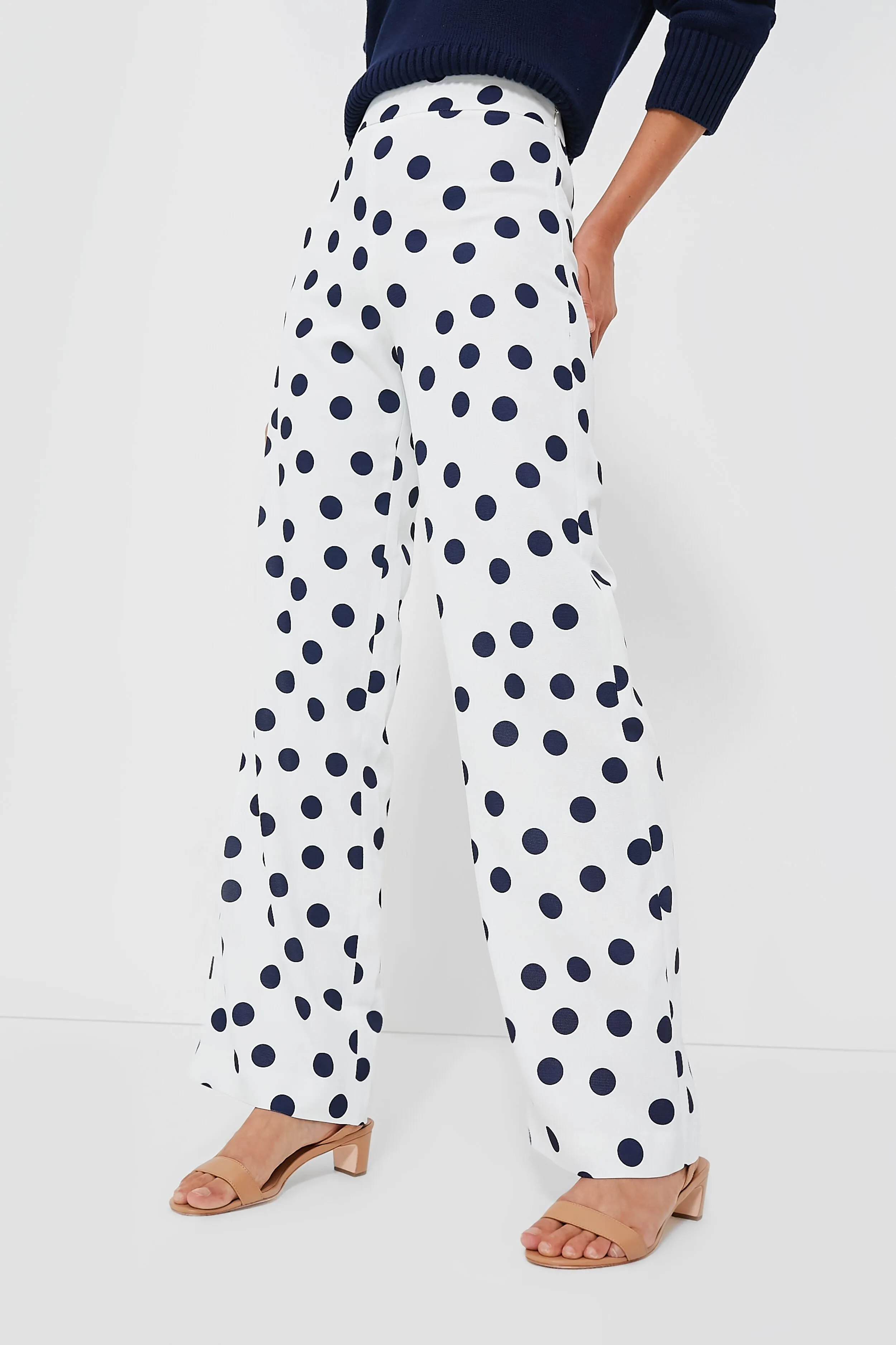 White and Navy Polka Dot Conway Pants