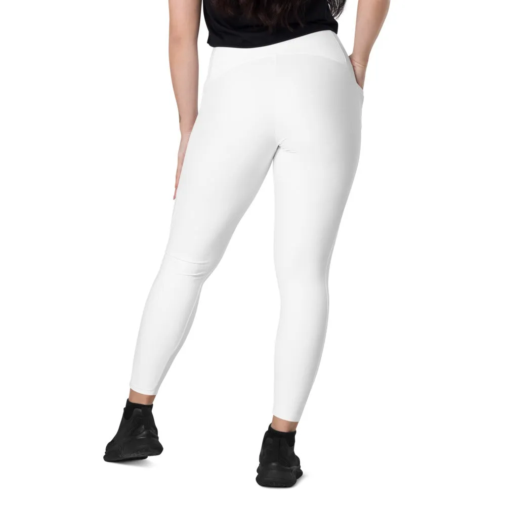 White Solid Color Women's Tights, Women's 7/8 Leggings With 2 Side Pockets - Made in USA/EU/MX