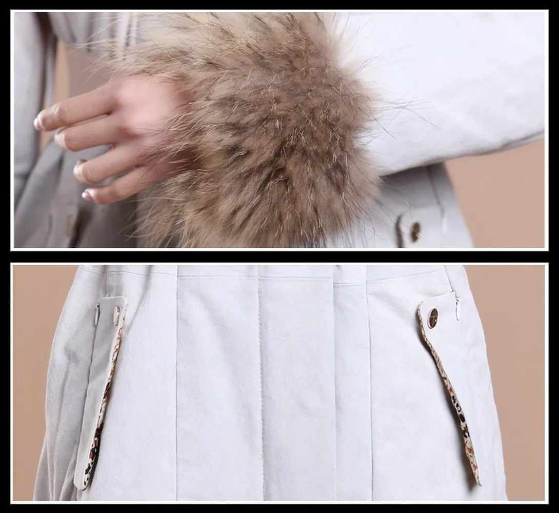 Winter Pig Leather Suede Windbreak with Natural Raccoon Fur Hood Slim Waist Women's Coats