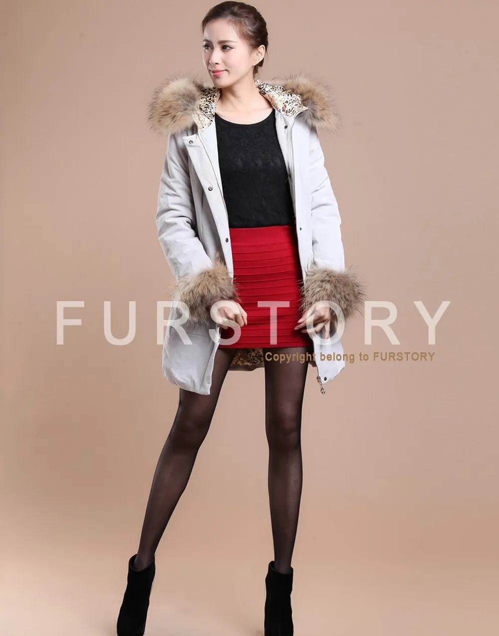 Winter Pig Leather Suede Windbreak with Natural Raccoon Fur Hood Slim Waist Women's Coats