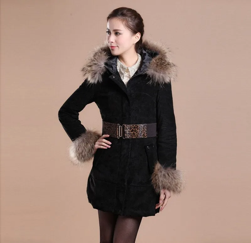 Winter Pig Leather Suede Windbreak with Natural Raccoon Fur Hood Slim Waist Women's Coats