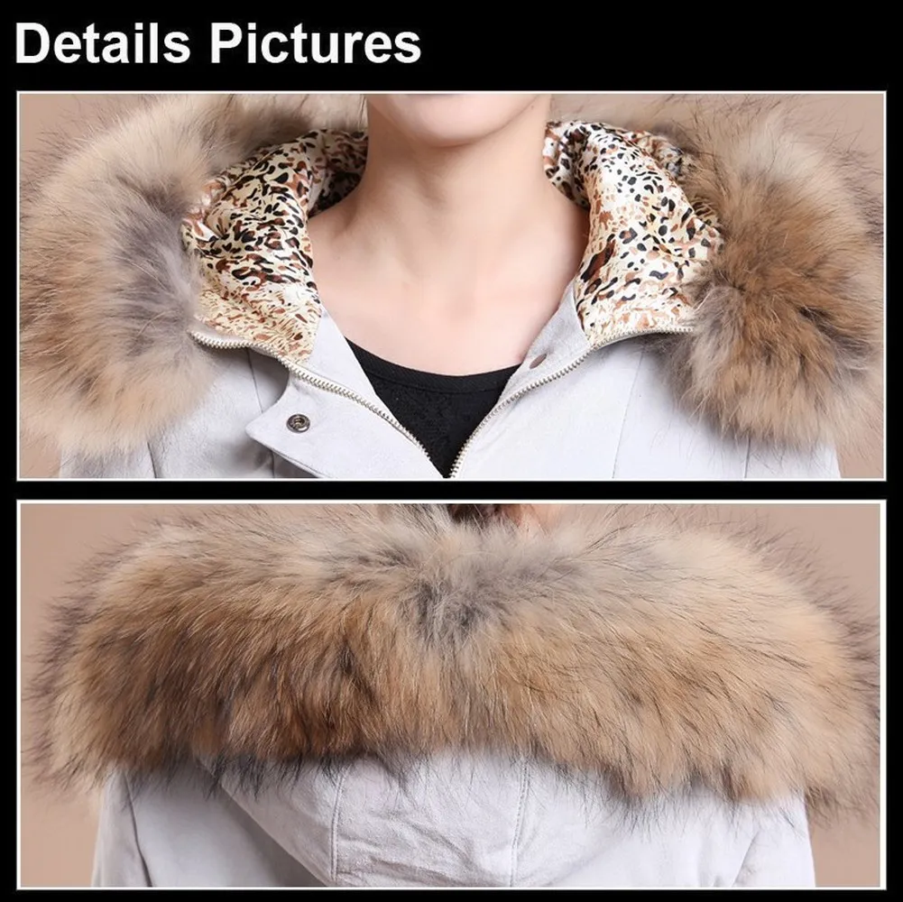 Winter Pig Leather Suede Windbreak with Natural Raccoon Fur Hood Slim Waist Women's Coats