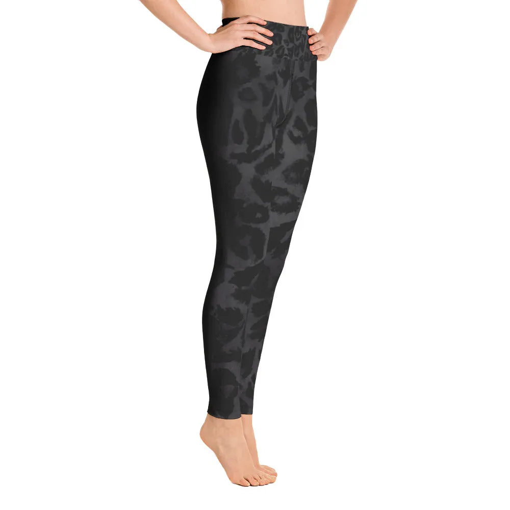 Women's Black Leopard Print Leggings, Animal Print Long Yoga Pants-Made in USA/EU