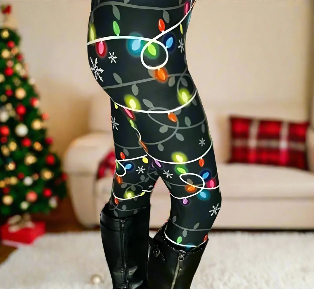 Womens Christmas Lights Leggings, Soft Yoga Pants, Sizes OS/TC/TC2, Yoga Waist, Black/Multi, Exclusive Leggings