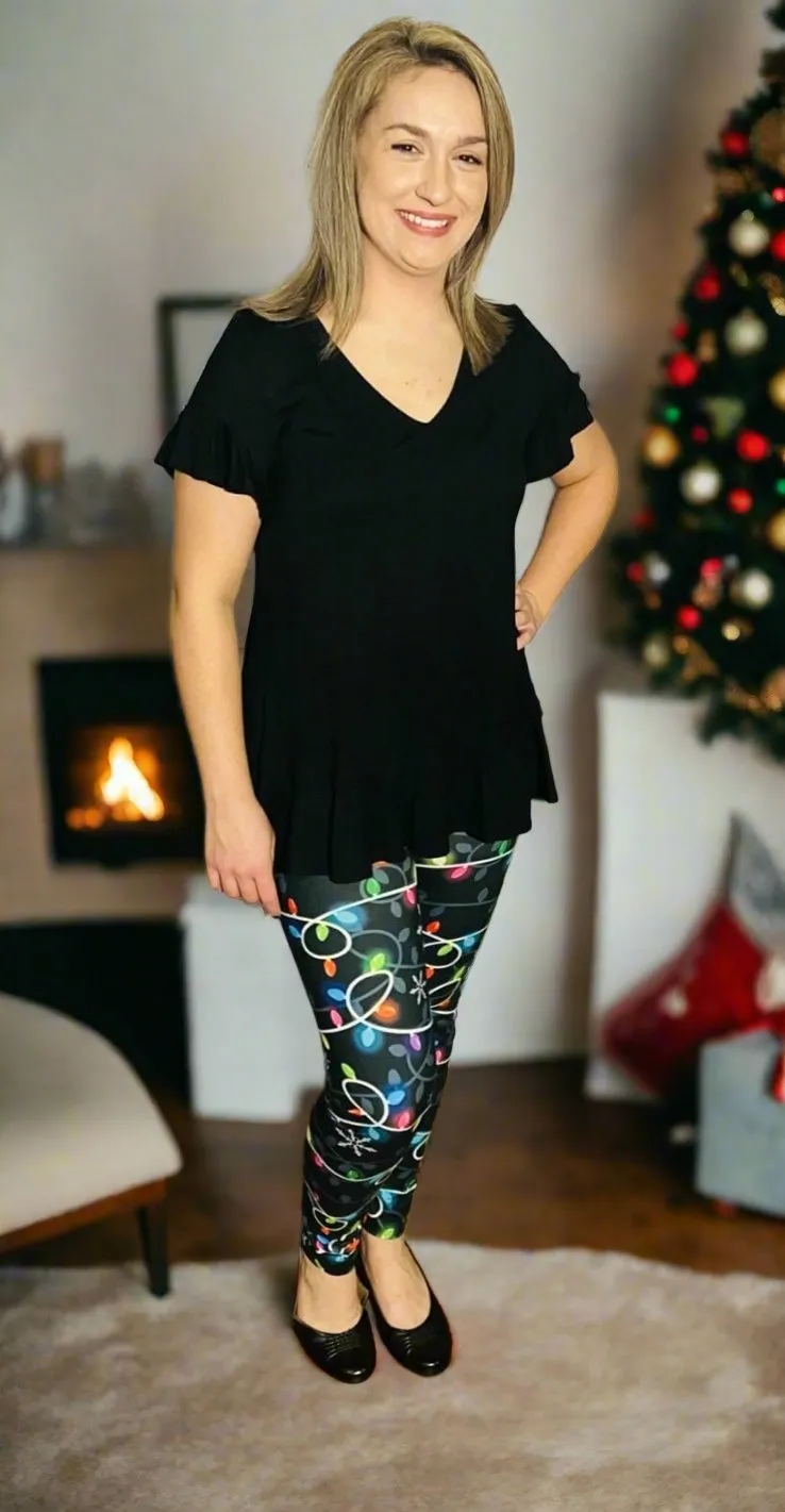 Womens Christmas Lights Leggings, Soft Yoga Pants, Sizes OS/TC/TC2, Yoga Waist, Black/Multi, Exclusive Leggings