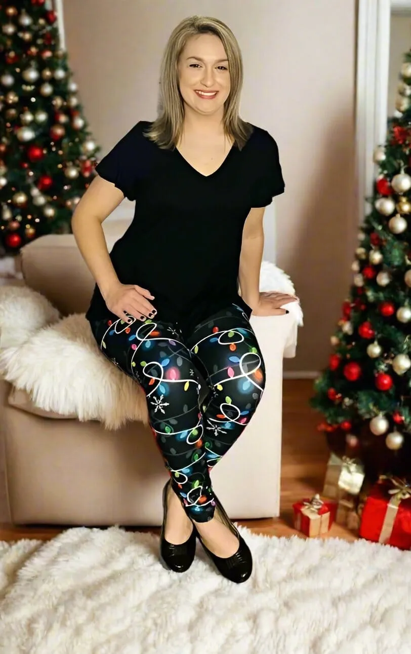 Womens Christmas Lights Leggings, Soft Yoga Pants, Sizes OS/TC/TC2, Yoga Waist, Black/Multi, Exclusive Leggings