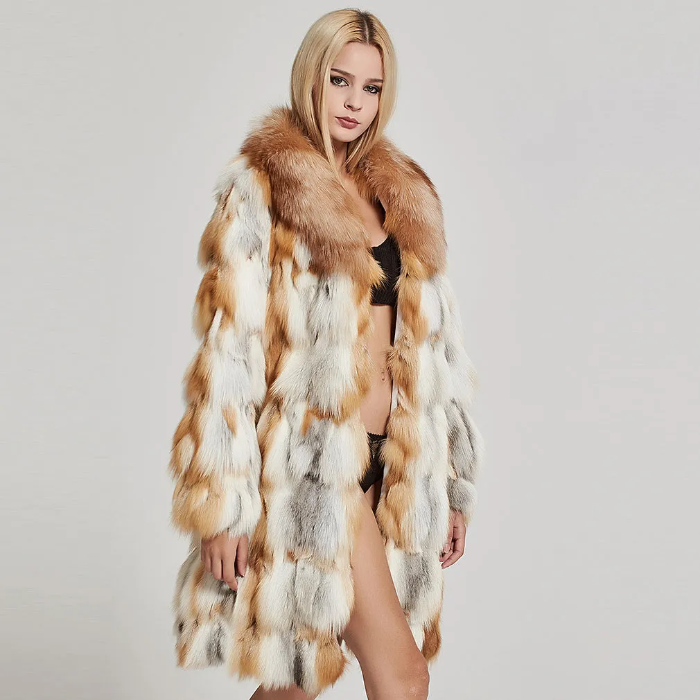 Women's Genuine Fox Fur Coat Women Patch Style Big Fox Collar Female  151106