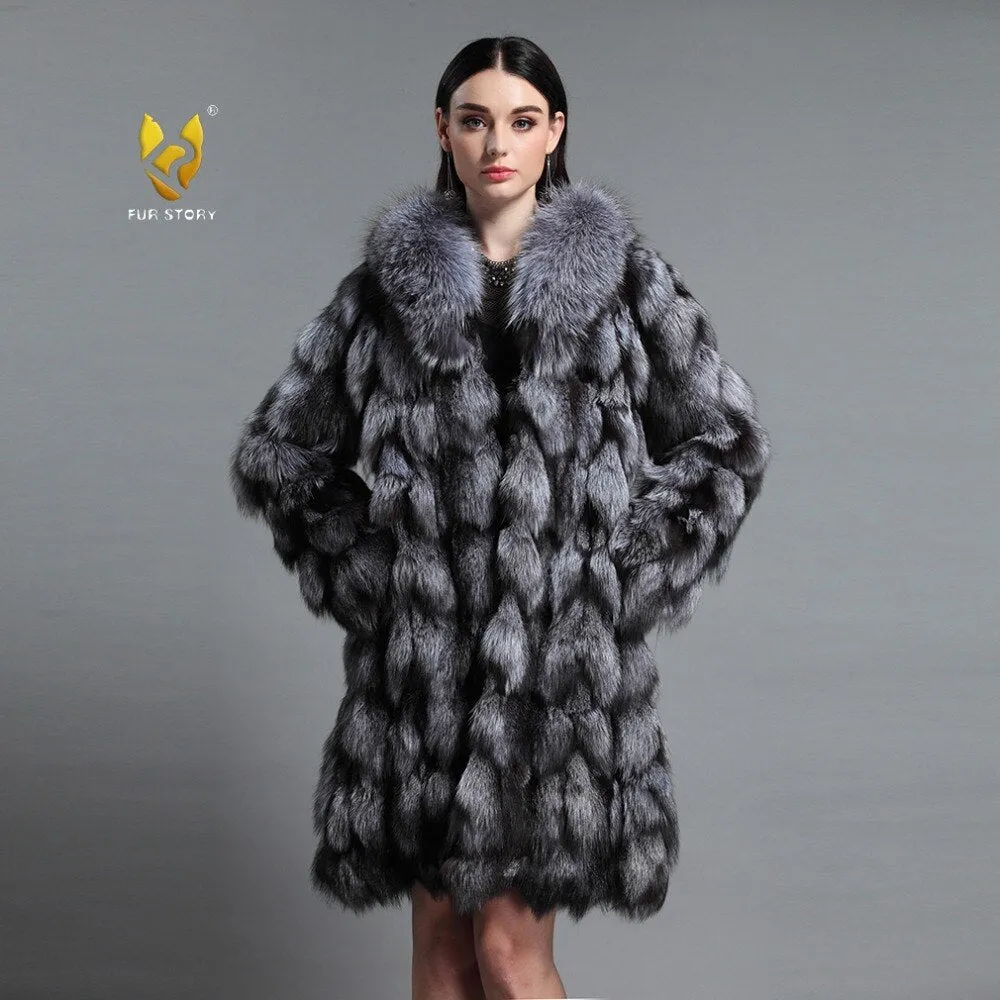 Women's Genuine Fox Fur Coat Women Patch Style Big Fox Collar Female  151106