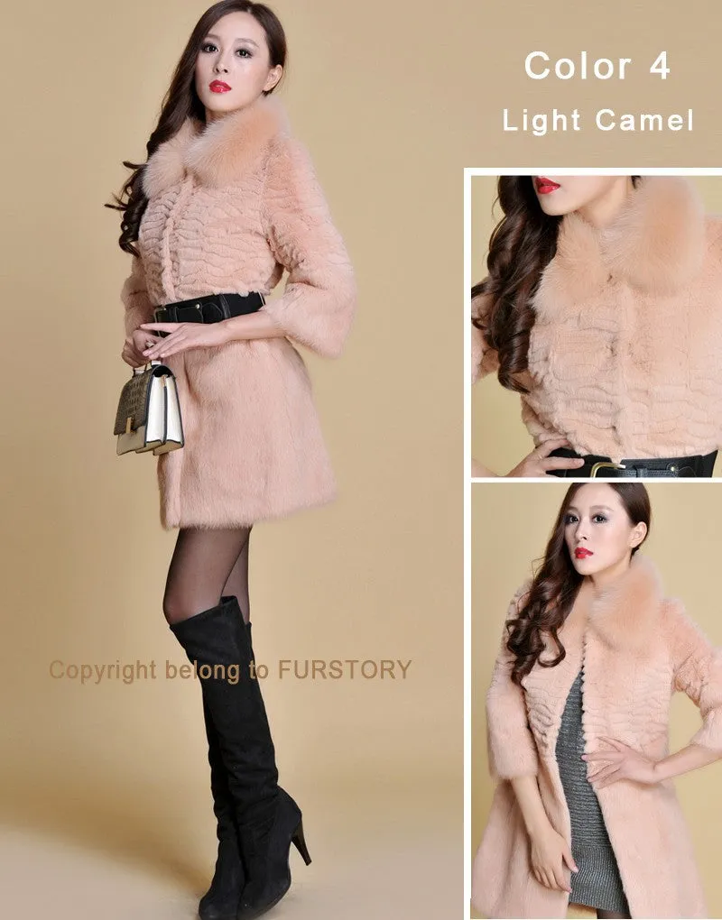 Women's  Real Rabbit Fur Coat Fox Fur Collar Jacket Overcoat winters Coat 13071