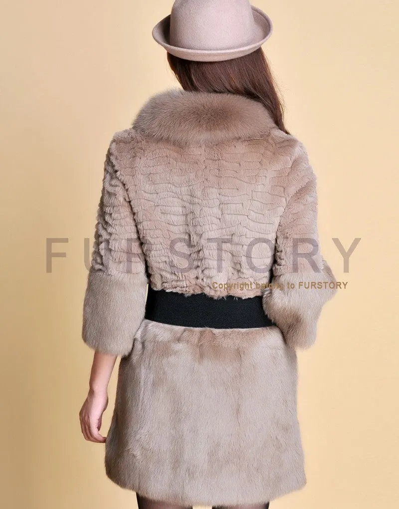 Women's  Real Rabbit Fur Coat Fox Fur Collar Jacket Overcoat winters Coat 13071