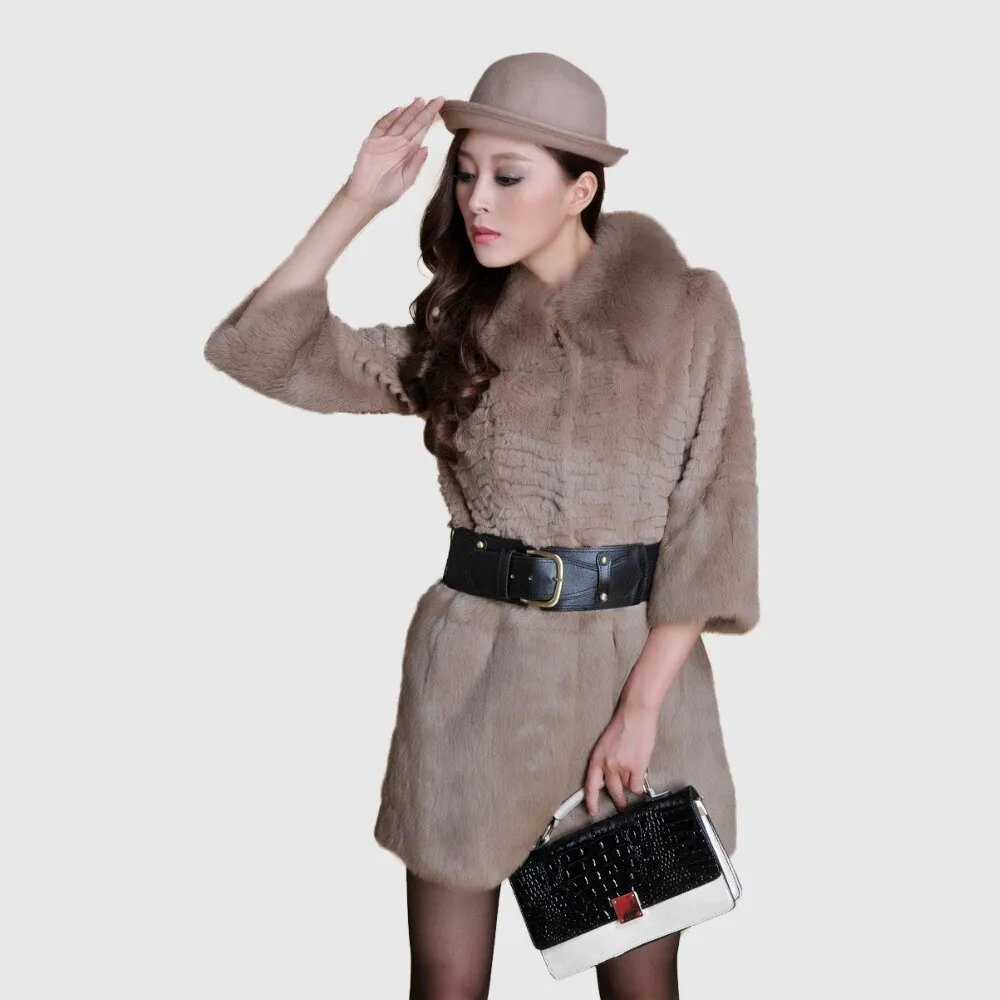 Women's  Real Rabbit Fur Coat Fox Fur Collar Jacket Overcoat winters Coat 13071