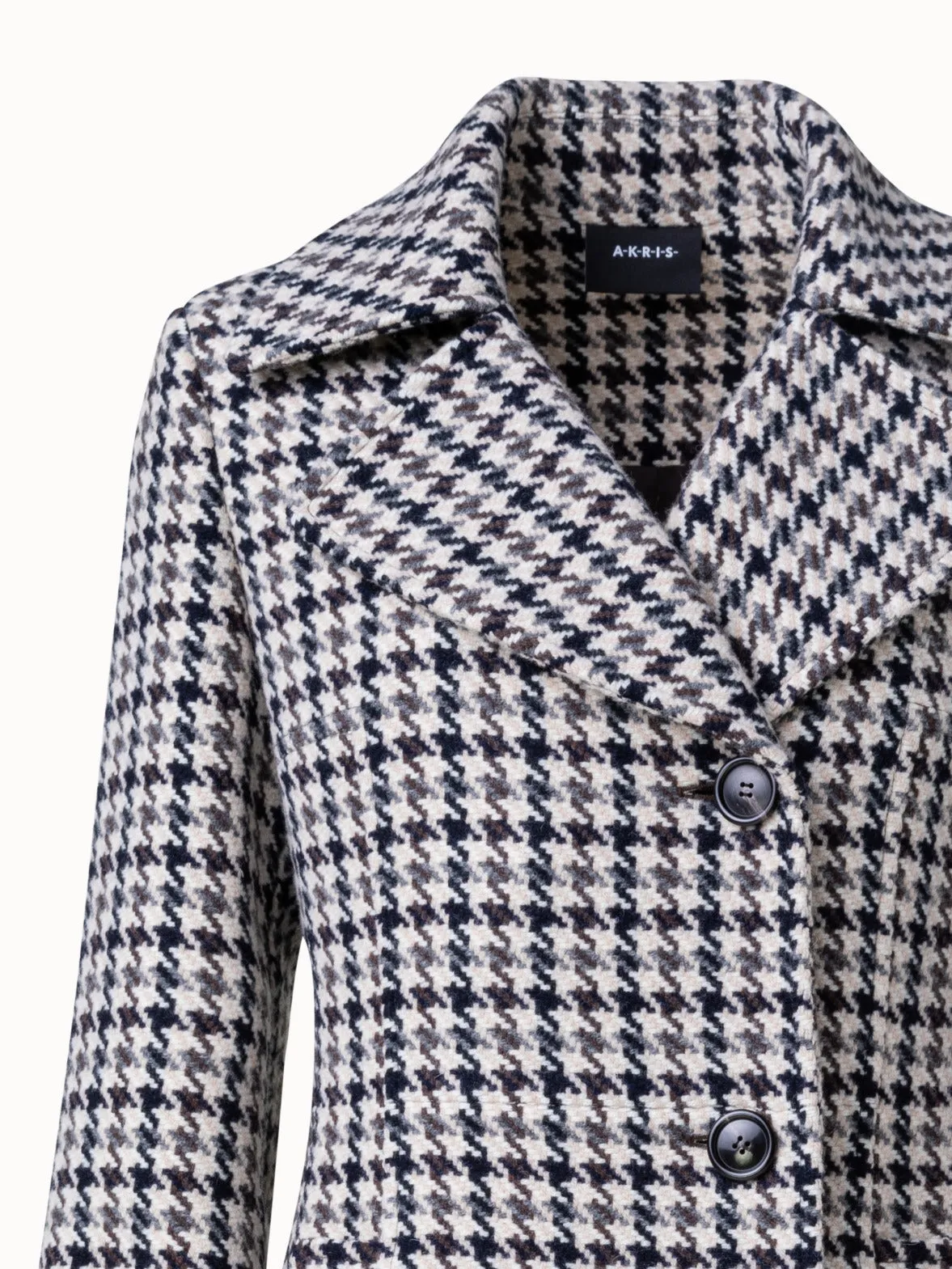 Wool Long Coat with Houndstooth Pattern